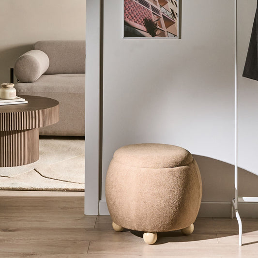 Teddy Pouffe Light Brown Boucle With Hidden Storage