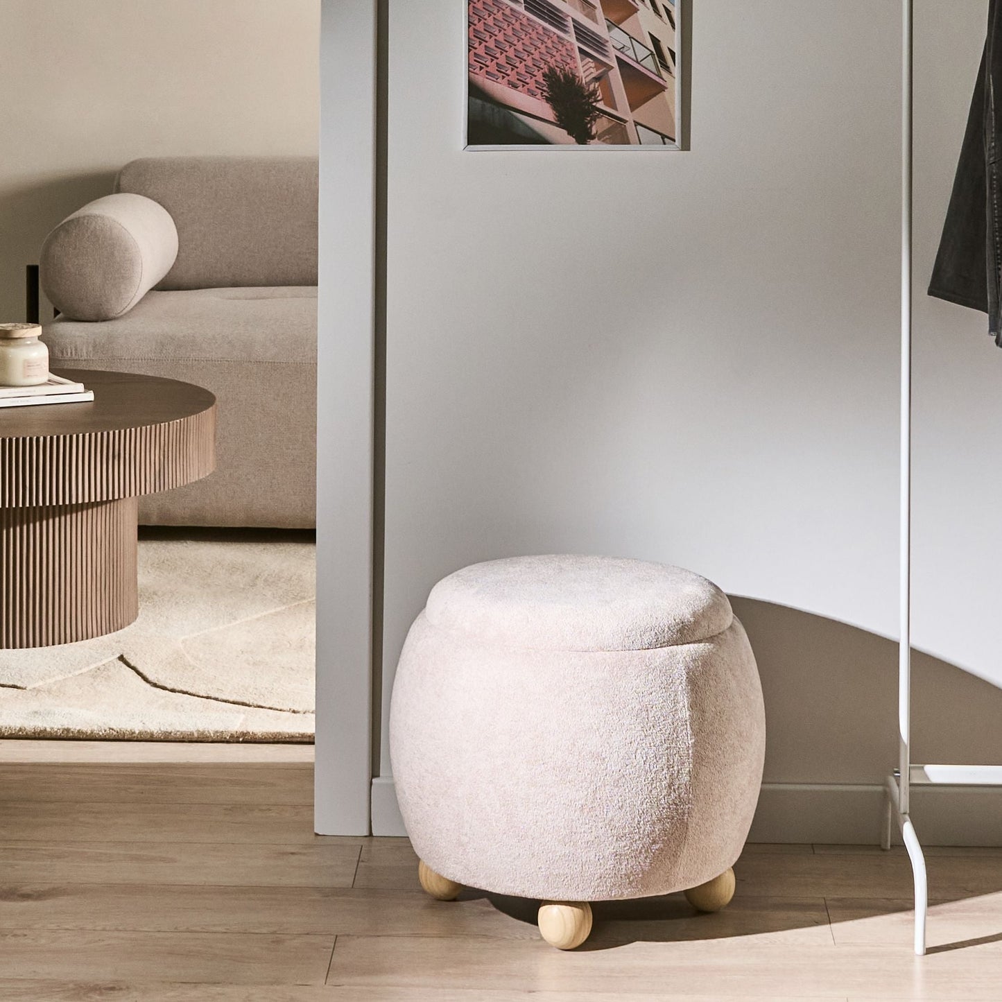 Teddy Pouffe Light Beige Boucle With Storage Round Footstool And Side Table For Living Room And Bedroom