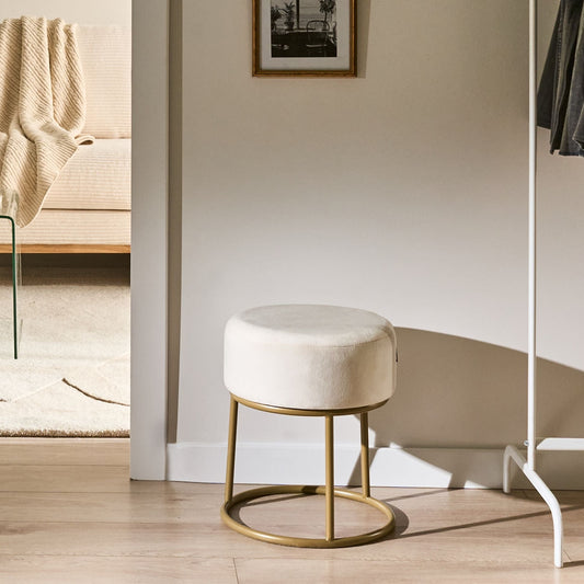 Modern Footstool Off-White Velvet With Gold Metal Base