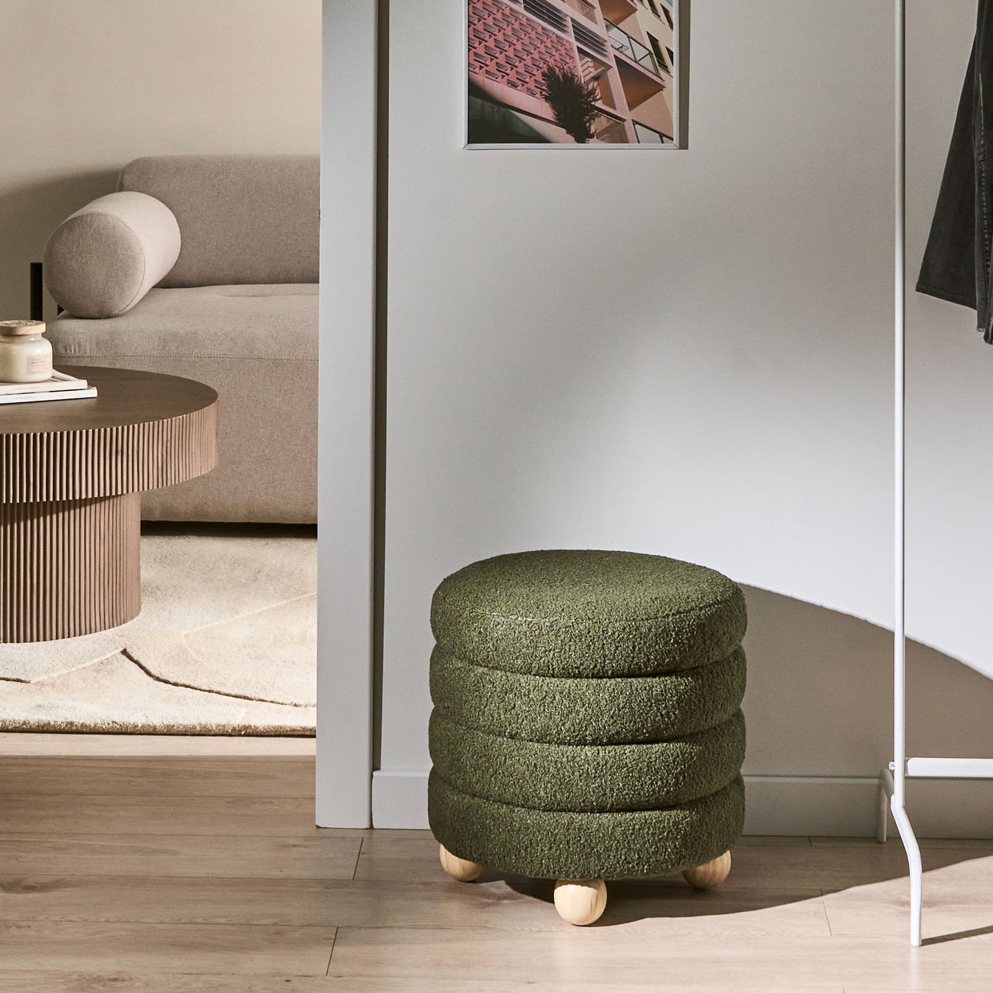Pouffe Green Boucle Teddy Footstool With Pine Wood Legs