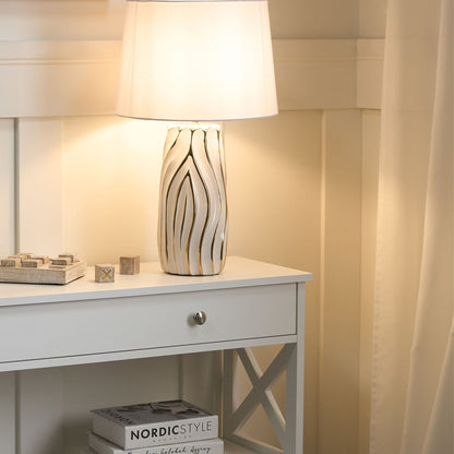 Table Lamp White Ceramic Base Linen Drum Shade Elegant