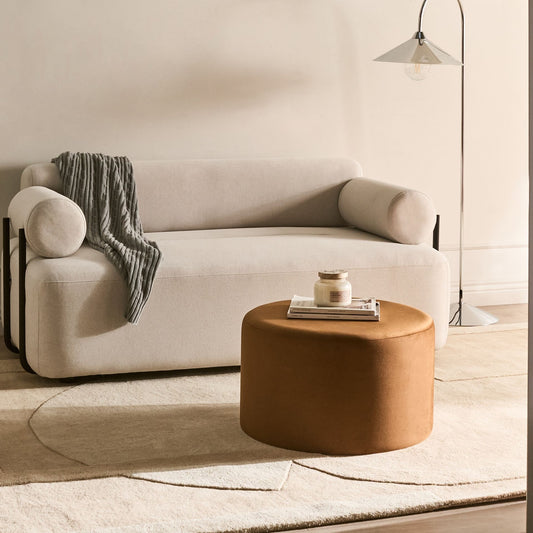 Round Pouffe Velvet Golden Brown Ottoman Footstool
