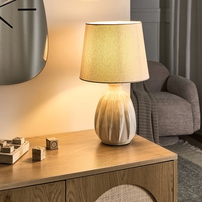 Scandinavian Beige Ceramic Table Lamp With Linen Drum Shade