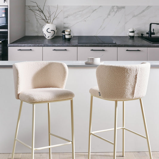 Beige Boucle Bar Chairs Set Of 2 Black Metal Legs Dining