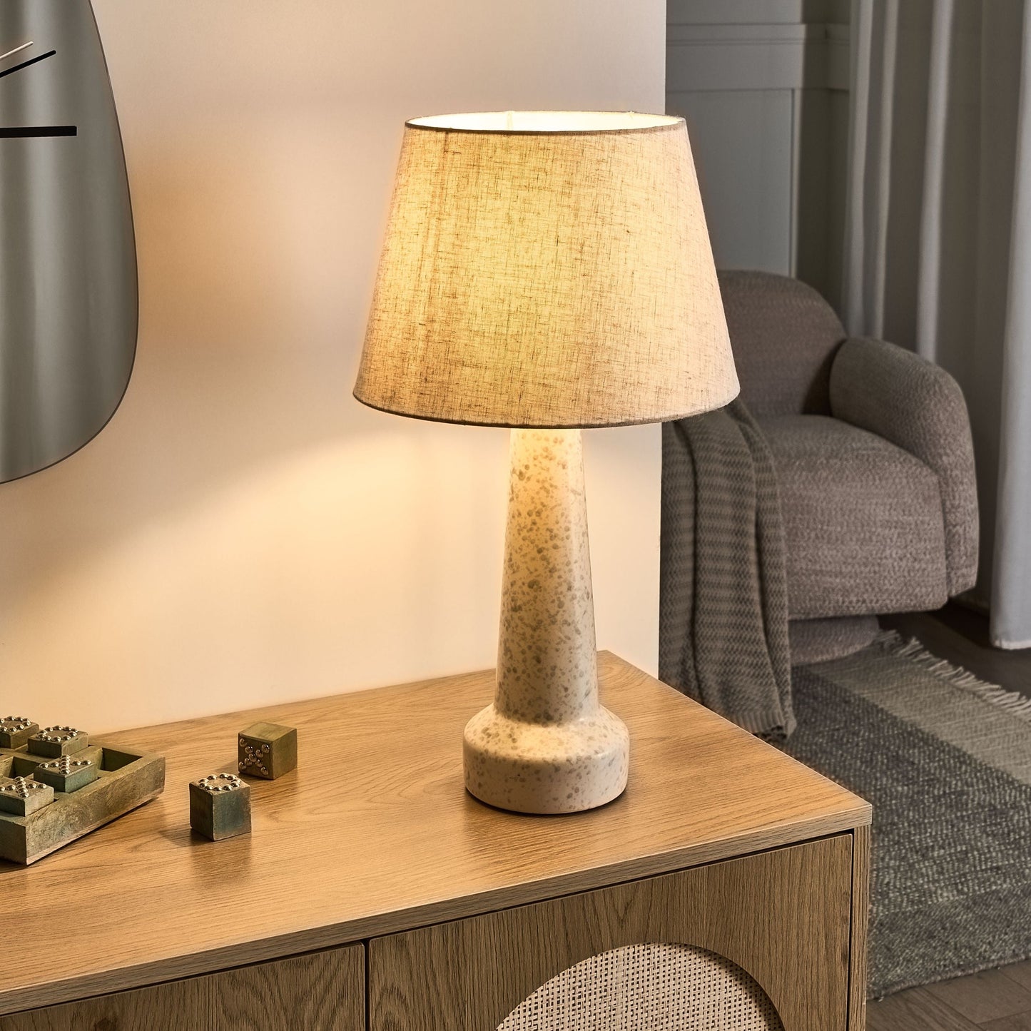 Table Lamp Beige Ceramic Base With Linen Shade Blue Speckle Drum Modern Living Room