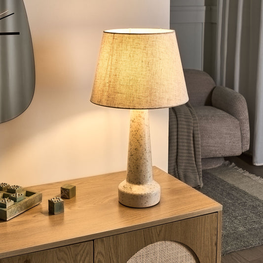Table Lamp Beige Ceramic Base With Linen Shade Blue Speckle Drum Modern Living Room
