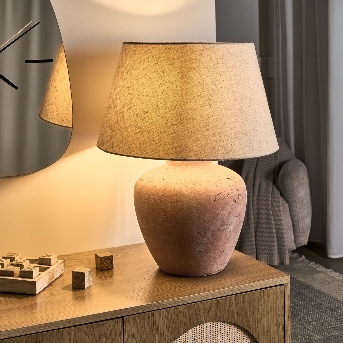 Table Lamp Brown Ceramic Base Linen Drum Shade Rustic Style For Living Room And Bedroom