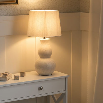 Table Lamp Beige Ceramic Base Linen Drum Shade