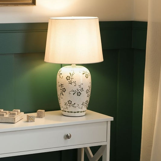Table Lamp White Ceramic Base Floral Motif Linen Shade