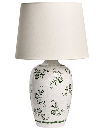 Table Lamp White Ceramic Base Floral Motif Linen Shade