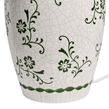 Table Lamp White Ceramic Base Floral Motif Linen Shade