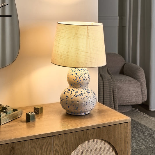 White Ceramic Table Lamp With Blue Splatters Linen Drum Shade Modern Living Room