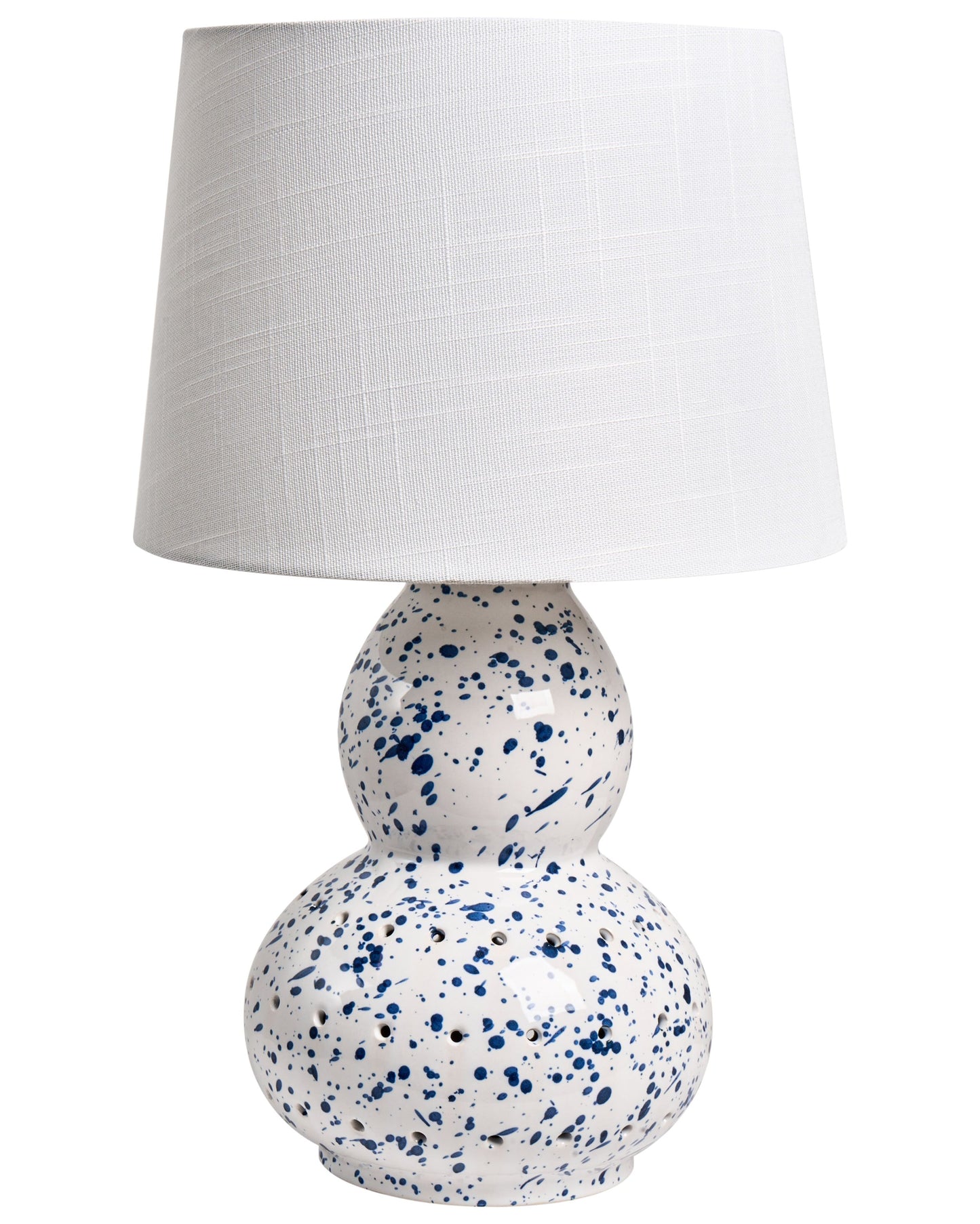 White Ceramic Table Lamp With Blue Splatters Linen Drum Shade Modern Living Room