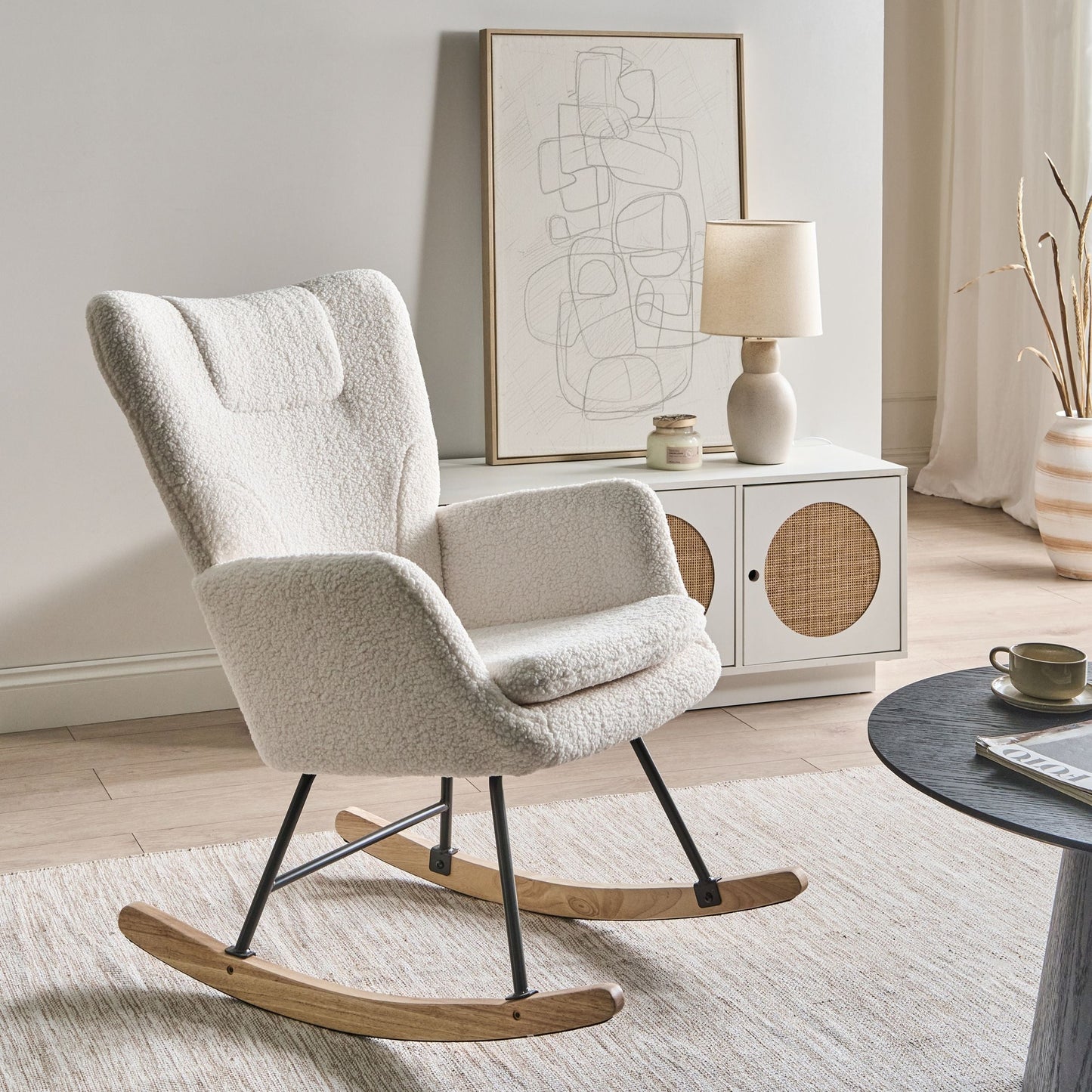 Rocking Chair Boucle White Upholstery with Wooden Skates