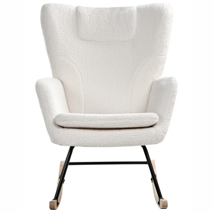 Rocking Chair Boucle White Upholstery with Wooden Skates