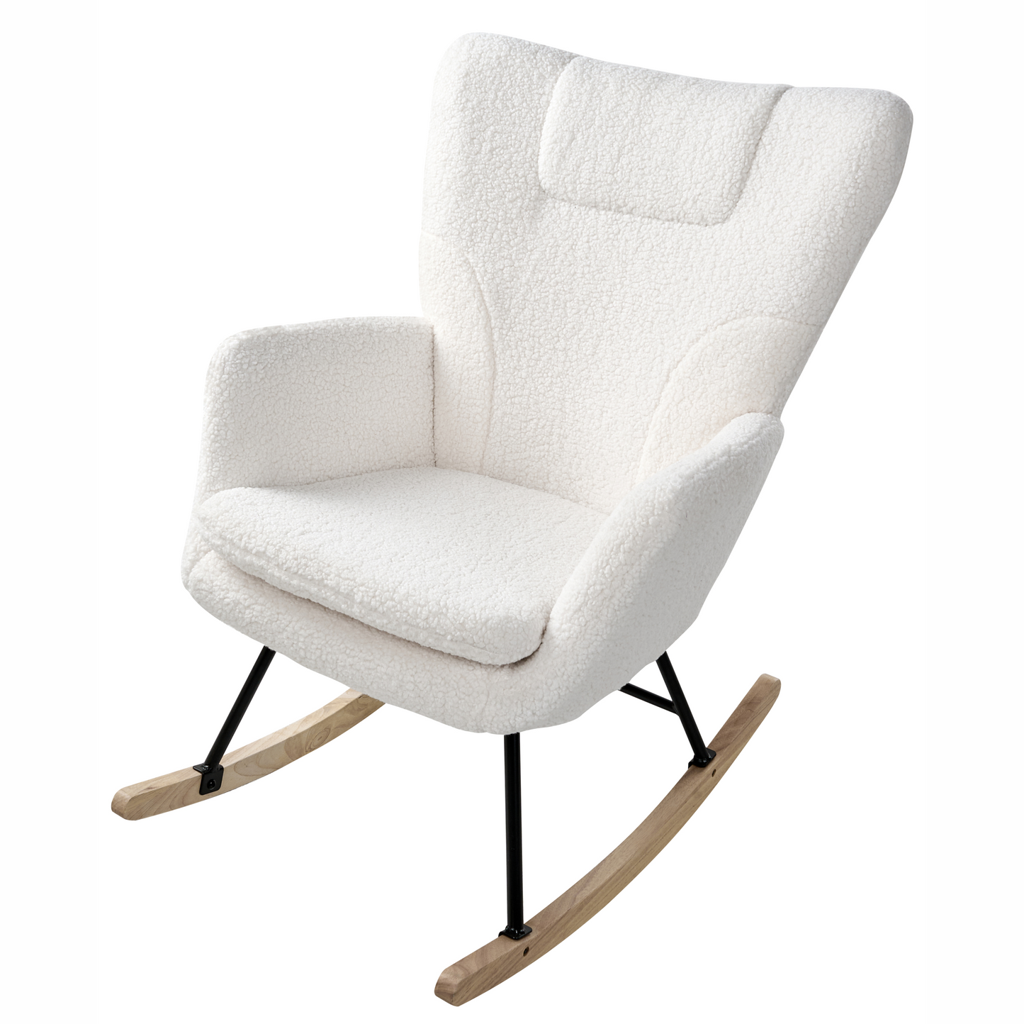 Rocking Chair Boucle White Upholstery with Wooden Skates