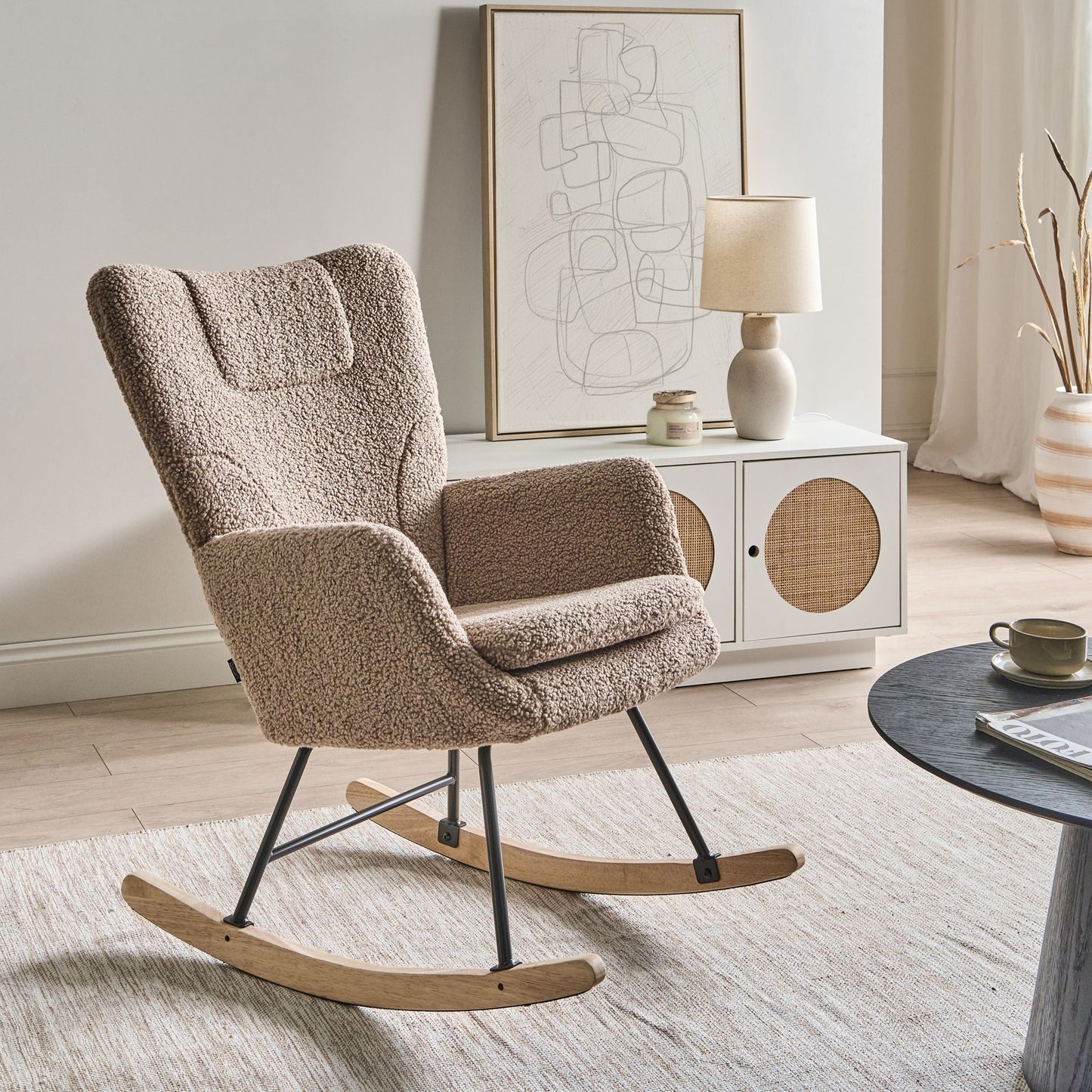 Taupe Boucle Rocking Chair With Wooden Legs