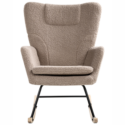 Taupe Boucle Rocking Chair With Wooden Legs