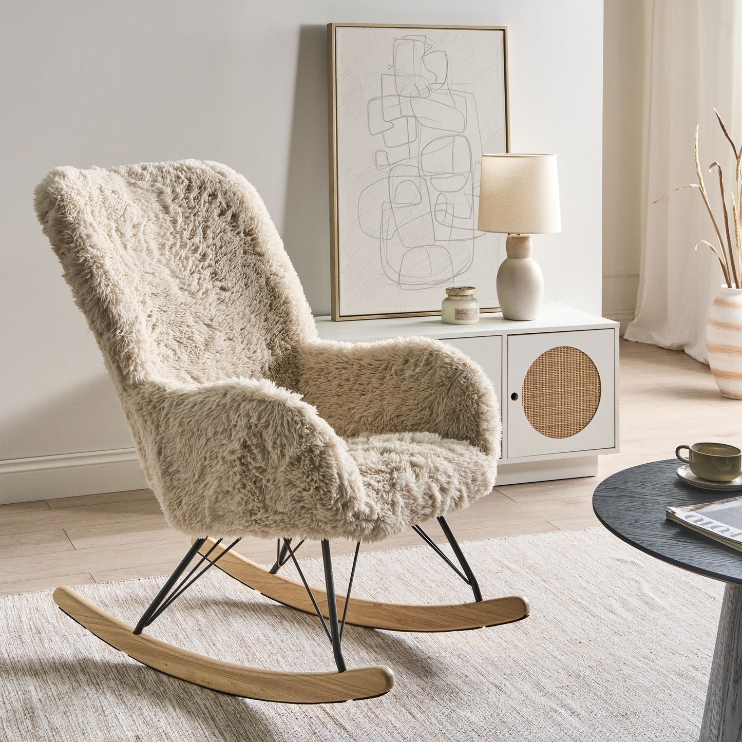 Rocking Chair Light Beige Faux Fur Upholstery Wooden Legs With Skates