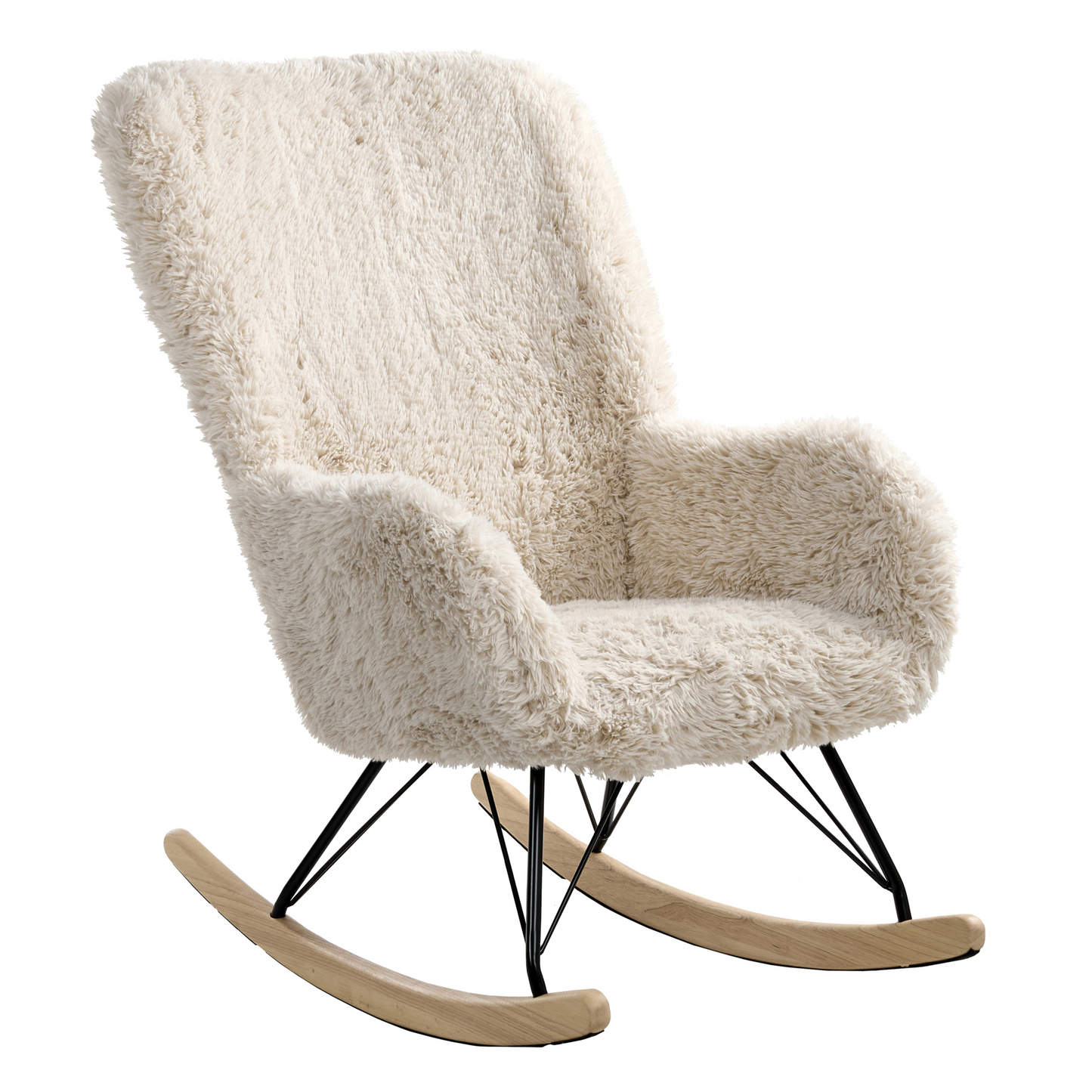 Rocking Chair Light Beige Faux Fur Upholstery Wooden Legs With Skates