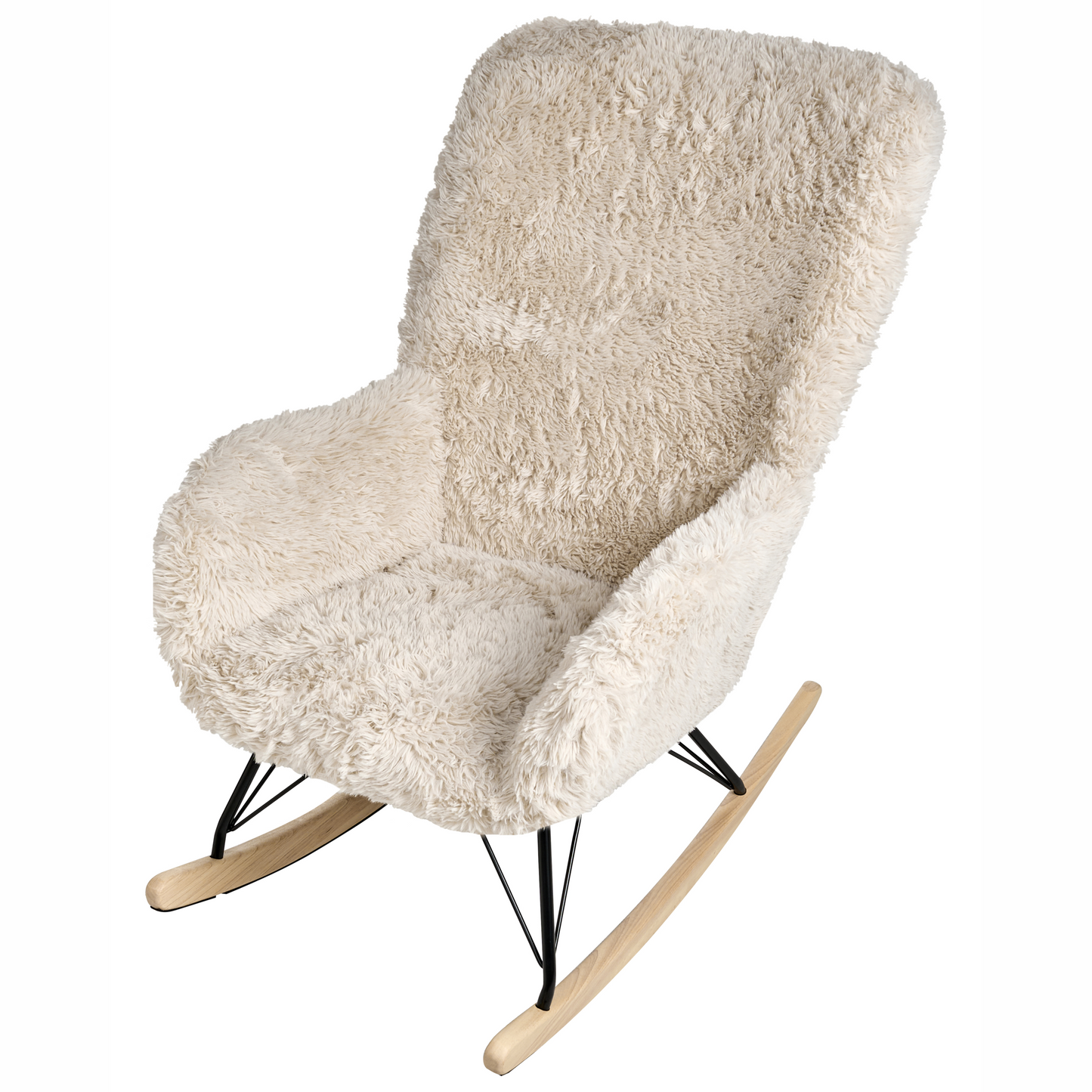 Rocking Chair Light Beige Faux Fur Upholstery Wooden Legs With Skates