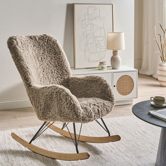 Rocking Chair Light Taupe Faux Fur Upholstery Wooden Skates
