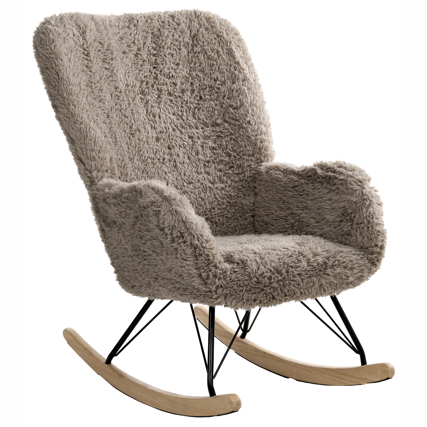 Rocking Chair Light Taupe Faux Fur Upholstery Wooden Skates