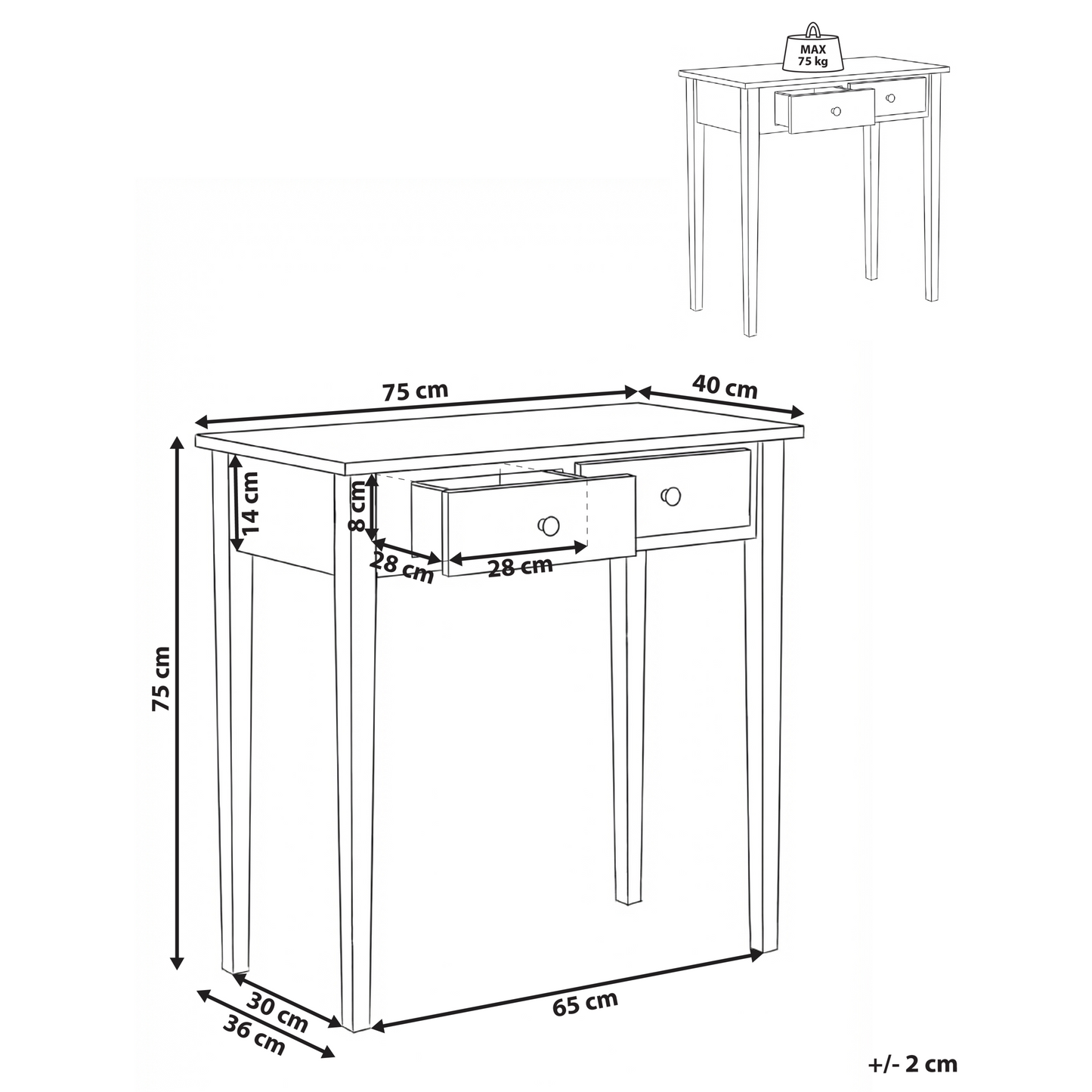 NordicNest Console Table White MDF With Two Drawers 75x40 Cm