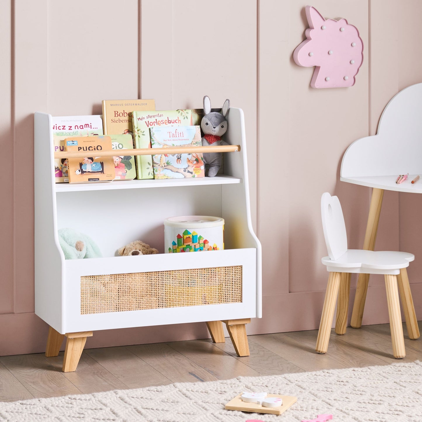 BrightNest 2 Tier Bookshelf White MDF With Rattan Front Toy Storage