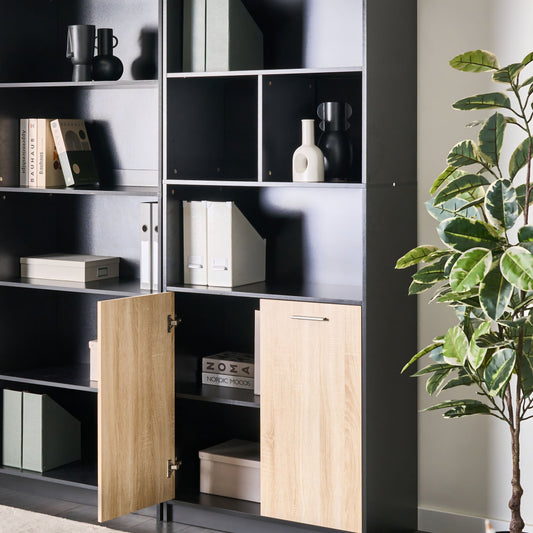 Two Door Bookcase Black Body With Brown Fronts Minimalist Open Shelves And Closed Cabinet