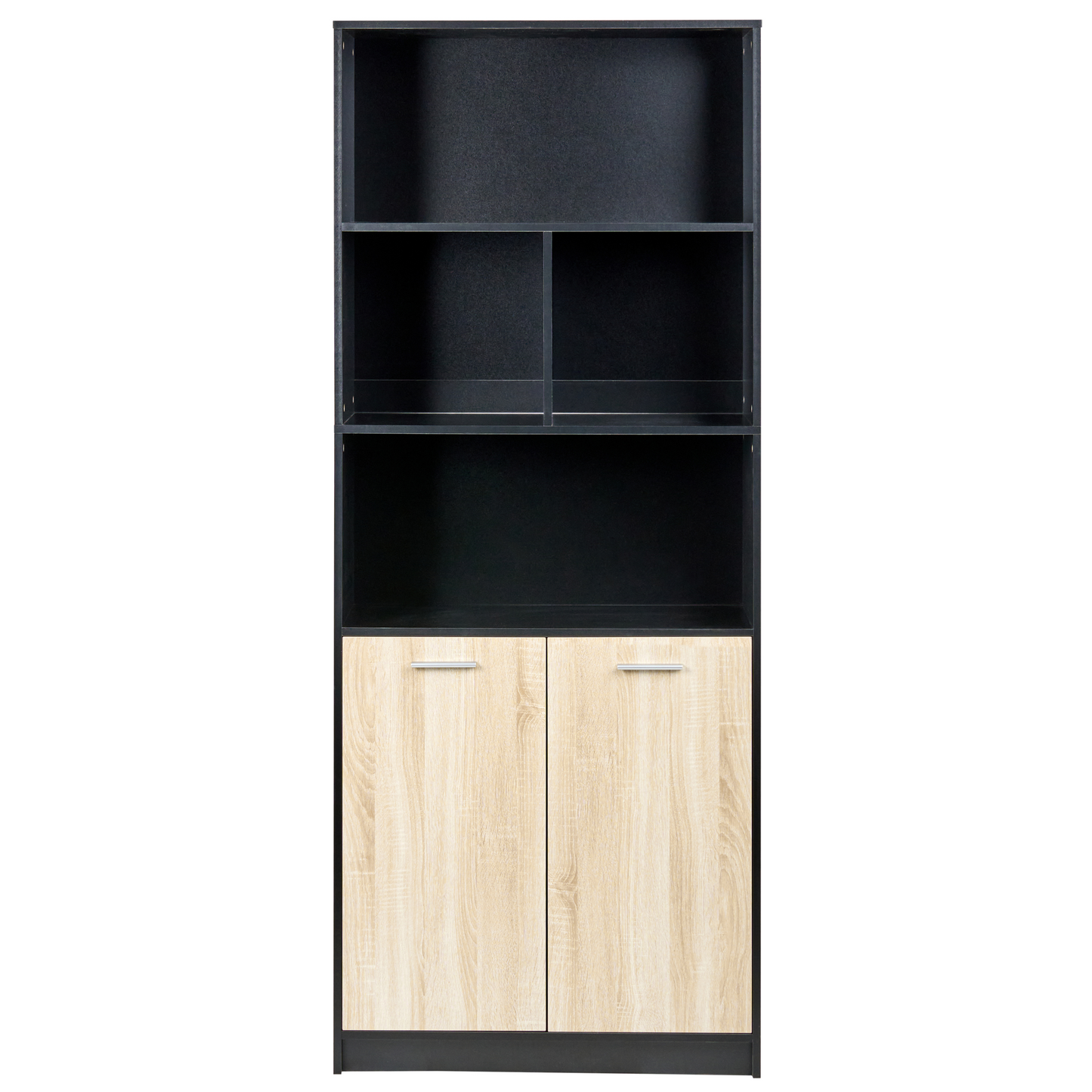 Two Door Bookcase Black Body With Brown Fronts Minimalist Open Shelves And Closed Cabinet