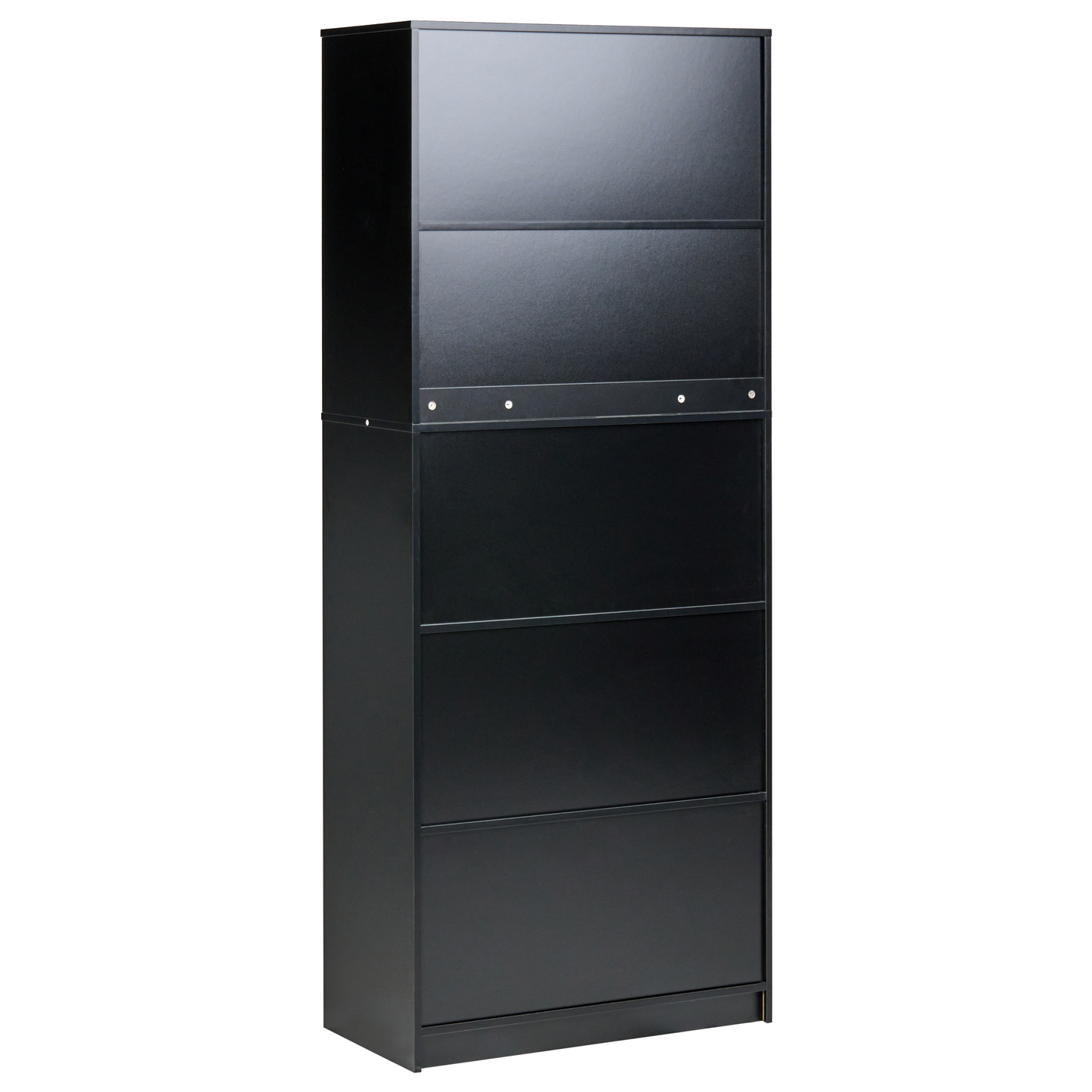 Two Door Bookcase Black Body With Brown Fronts Minimalist Open Shelves And Closed Cabinet