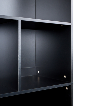 Two Door Bookcase Black Body With Brown Fronts Minimalist Open Shelves And Closed Cabinet