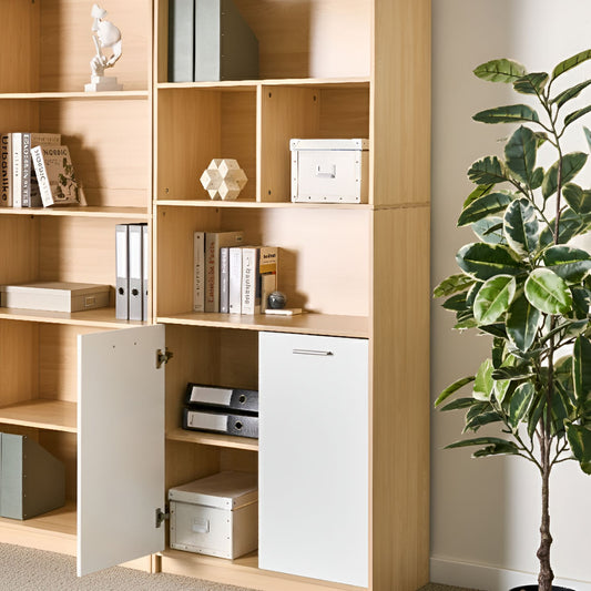 Two Door Bookcase White and Light Brown Open Shelves