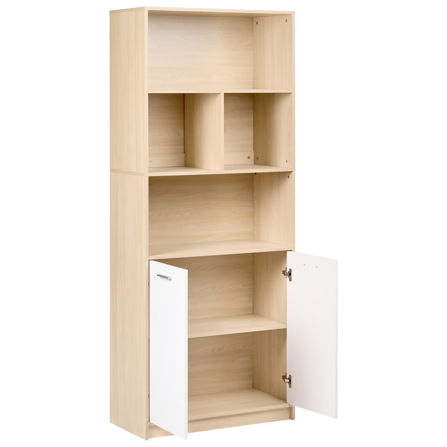 Two Door Bookcase White and Light Brown Open Shelves