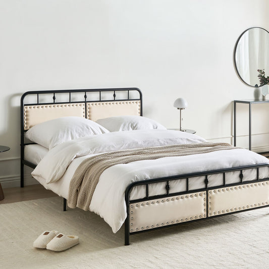 Metal Bed Black Slatted Frame Fabric Headboard Double 4ft6