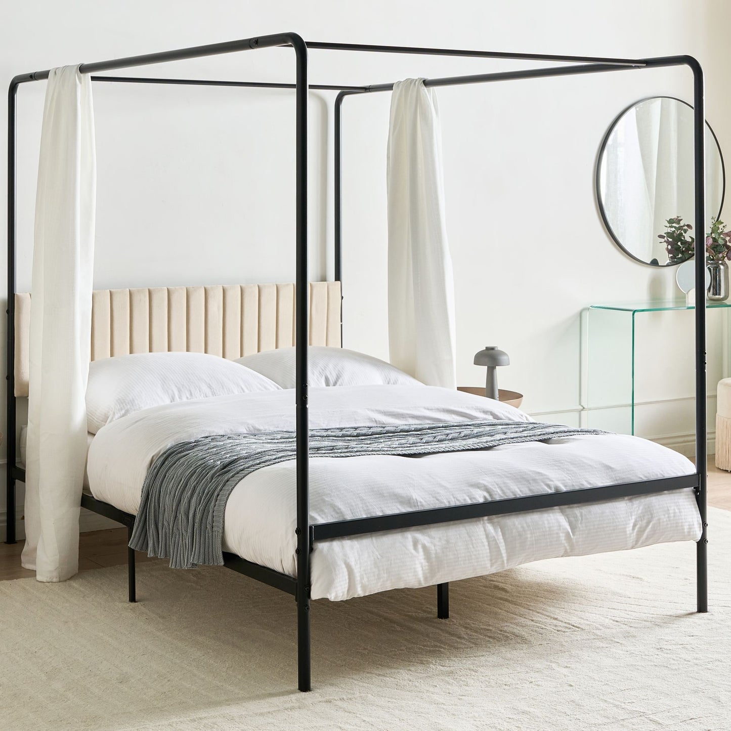 Canopy Bed Black Metal 140 x 200cm Double Upholstered Headboard