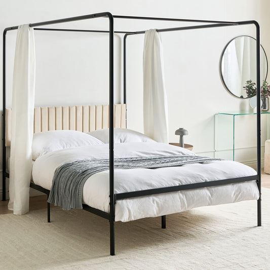 Canopy Bed Black Metal 140 x 200cm Double Upholstered Headboard