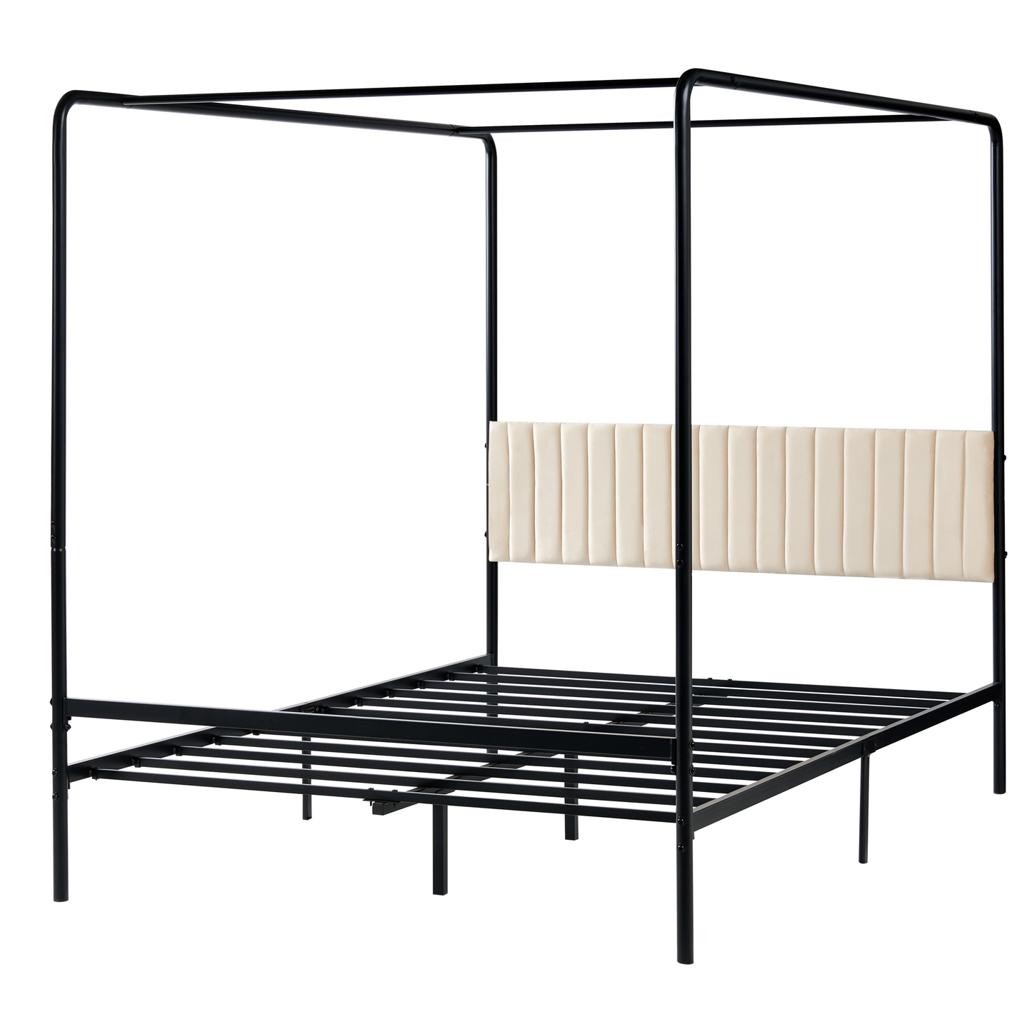 Canopy Bed Black Metal 140 x 200cm Double Upholstered Headboard