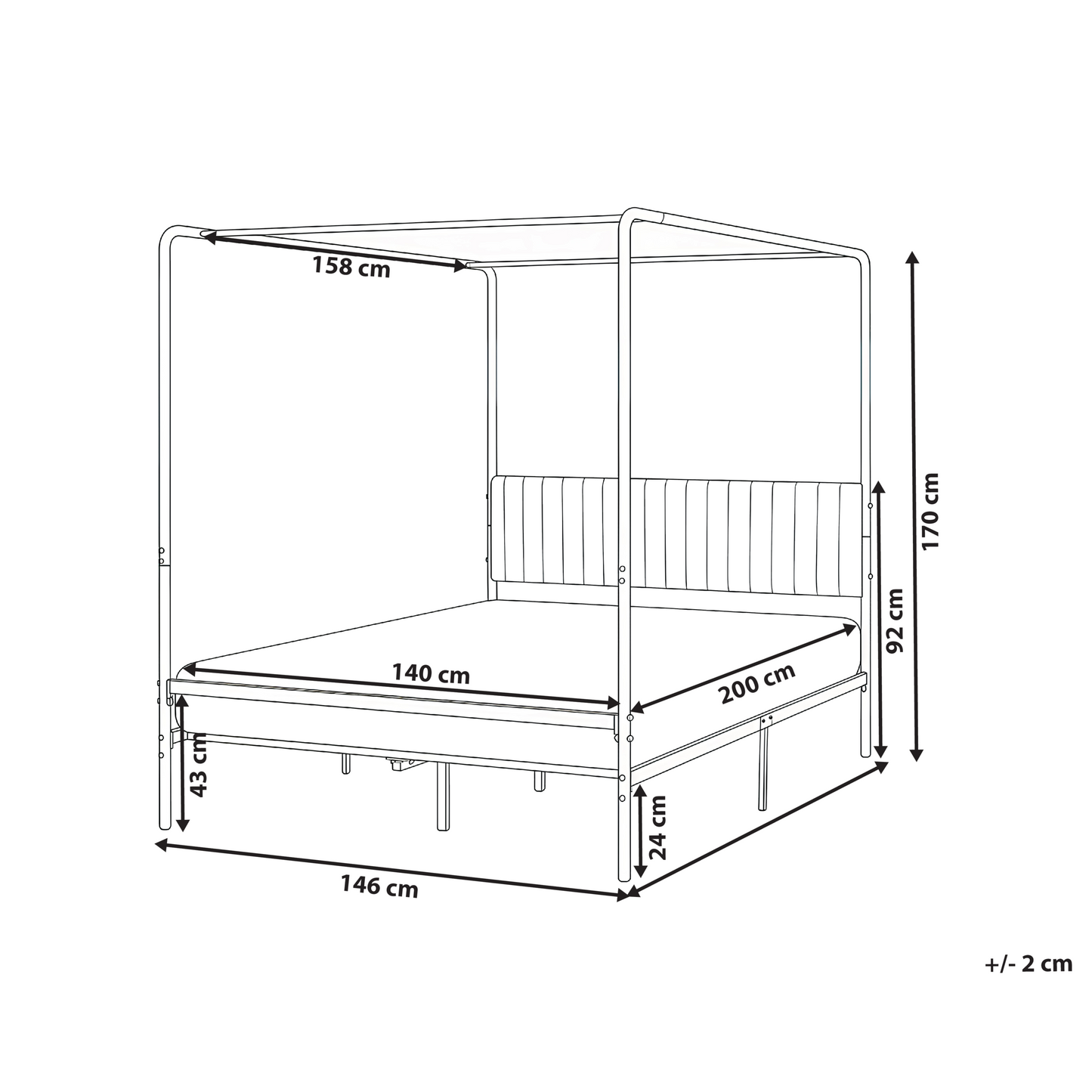 Canopy Bed Black Metal 140 x 200cm Double Upholstered Headboard