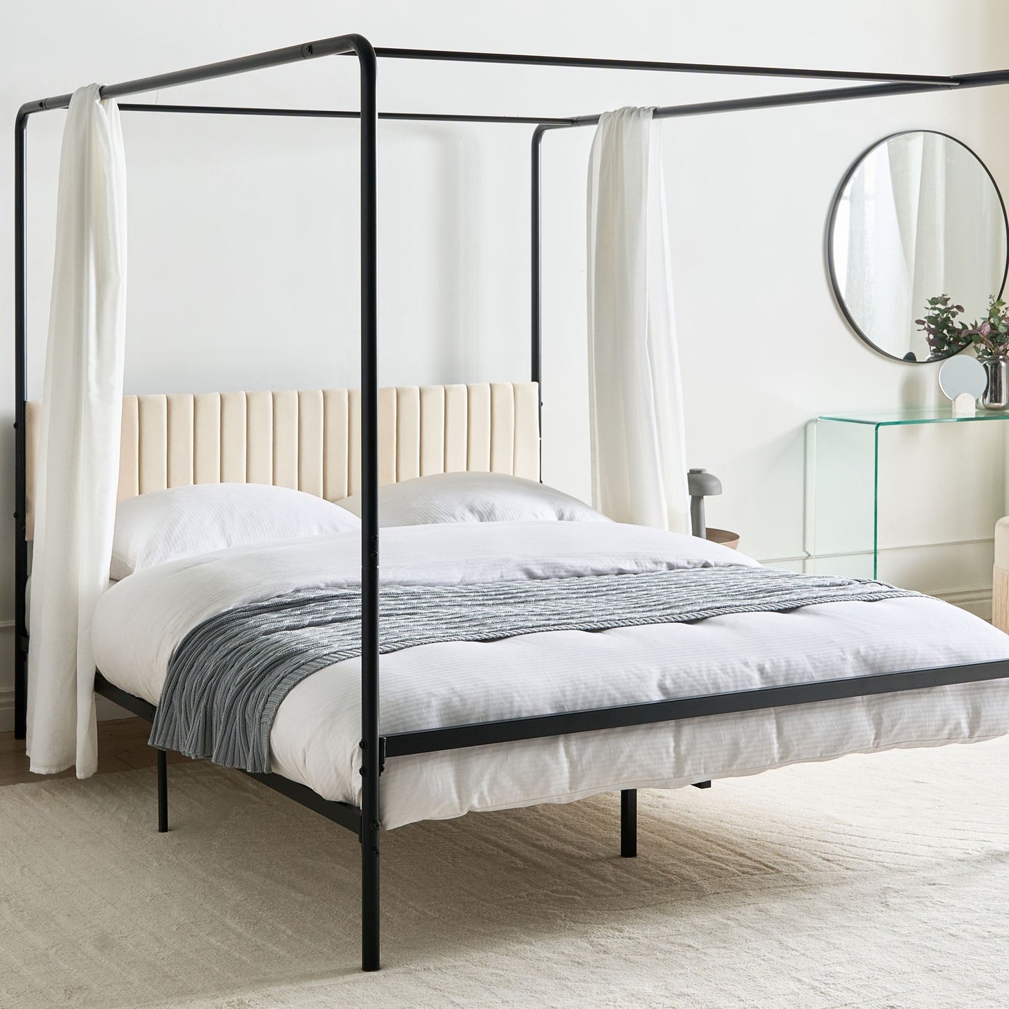 Canopy Bed Black Metal 160 x 200cm King Upholstered Headboard