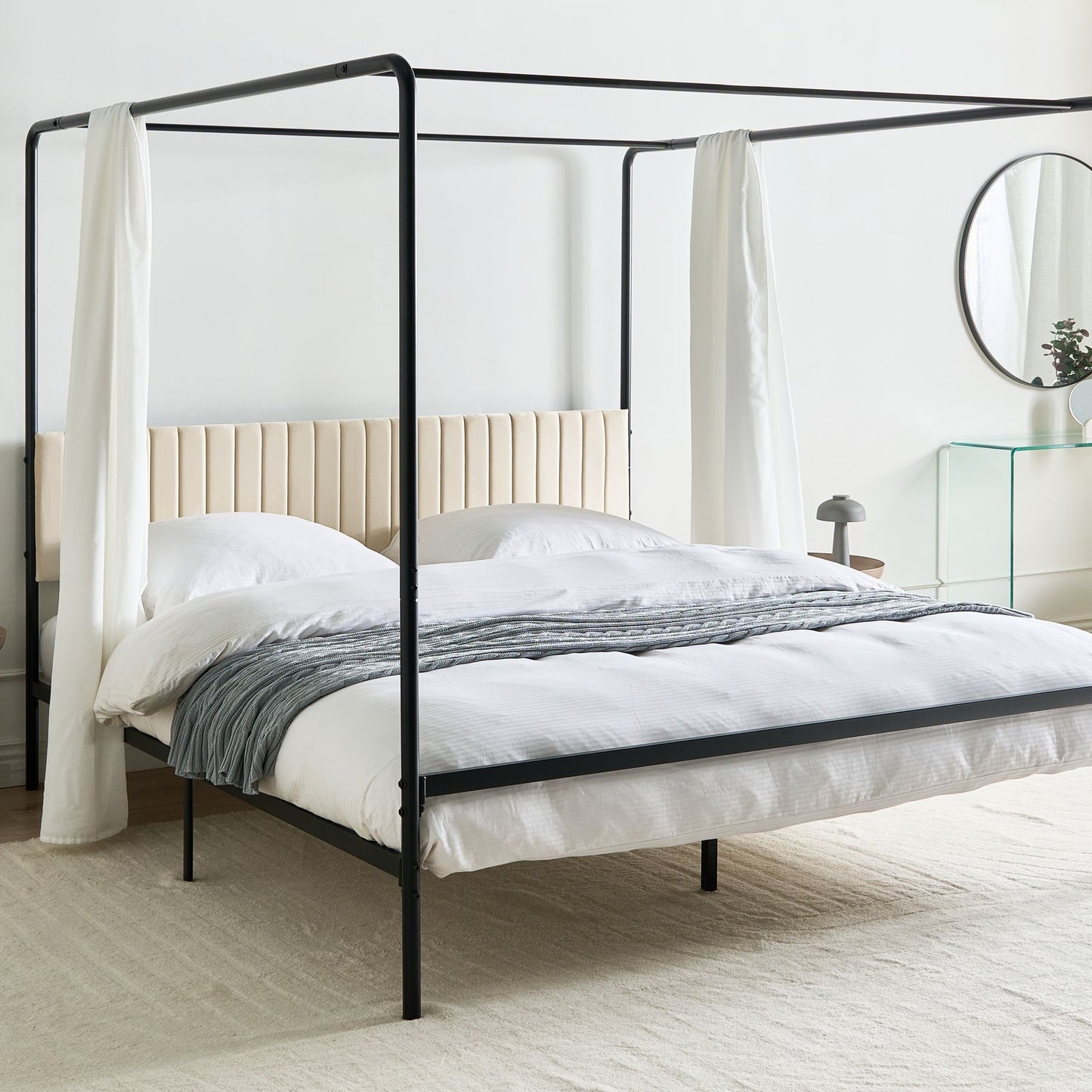 Canopy Bed Black Metal 180 x 200cm Upholstered Headboard