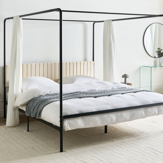 Canopy Bed Black Metal 180 x 200cm Upholstered Headboard