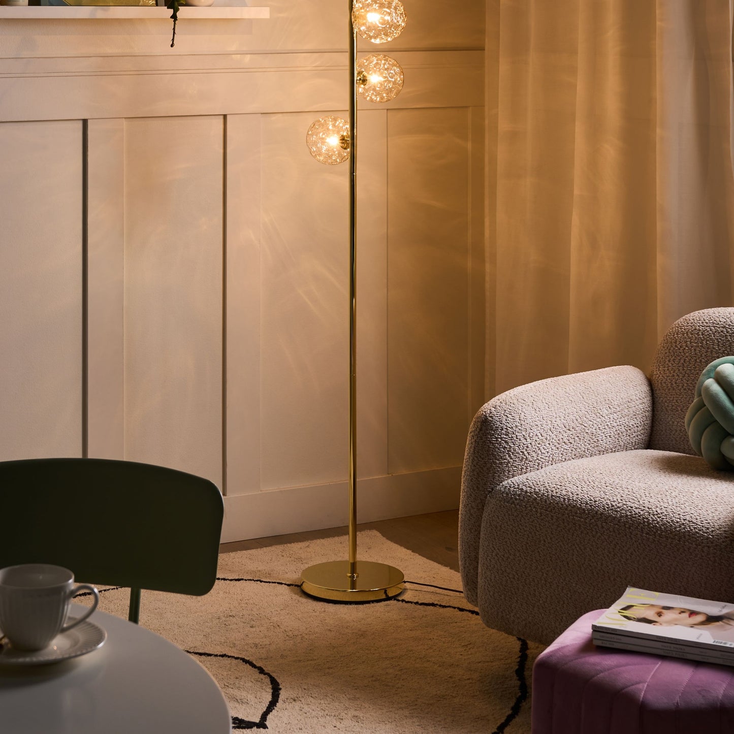 Floor Lamp Beige Glass With Gold Metal Base Four Spherical Shades Glamorous Modern Living Room Lighting