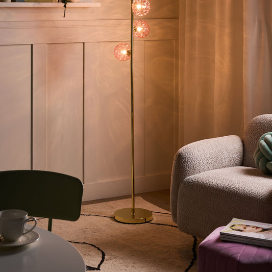 Pink Glass Floor Lamp Gold Metal Base Four Shades