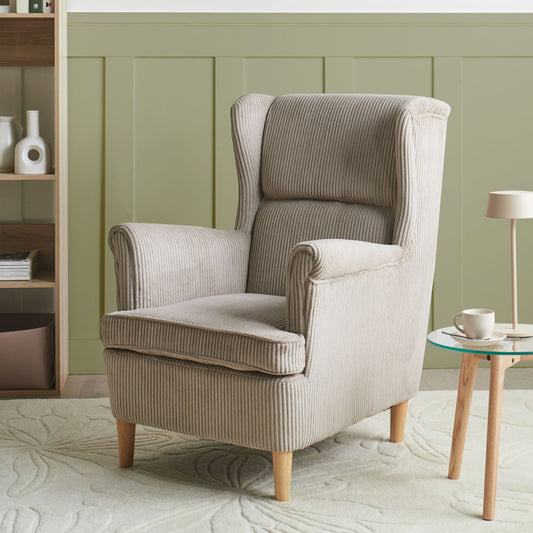 Wingback Chair Beige Corduroy High Back Wood Legs