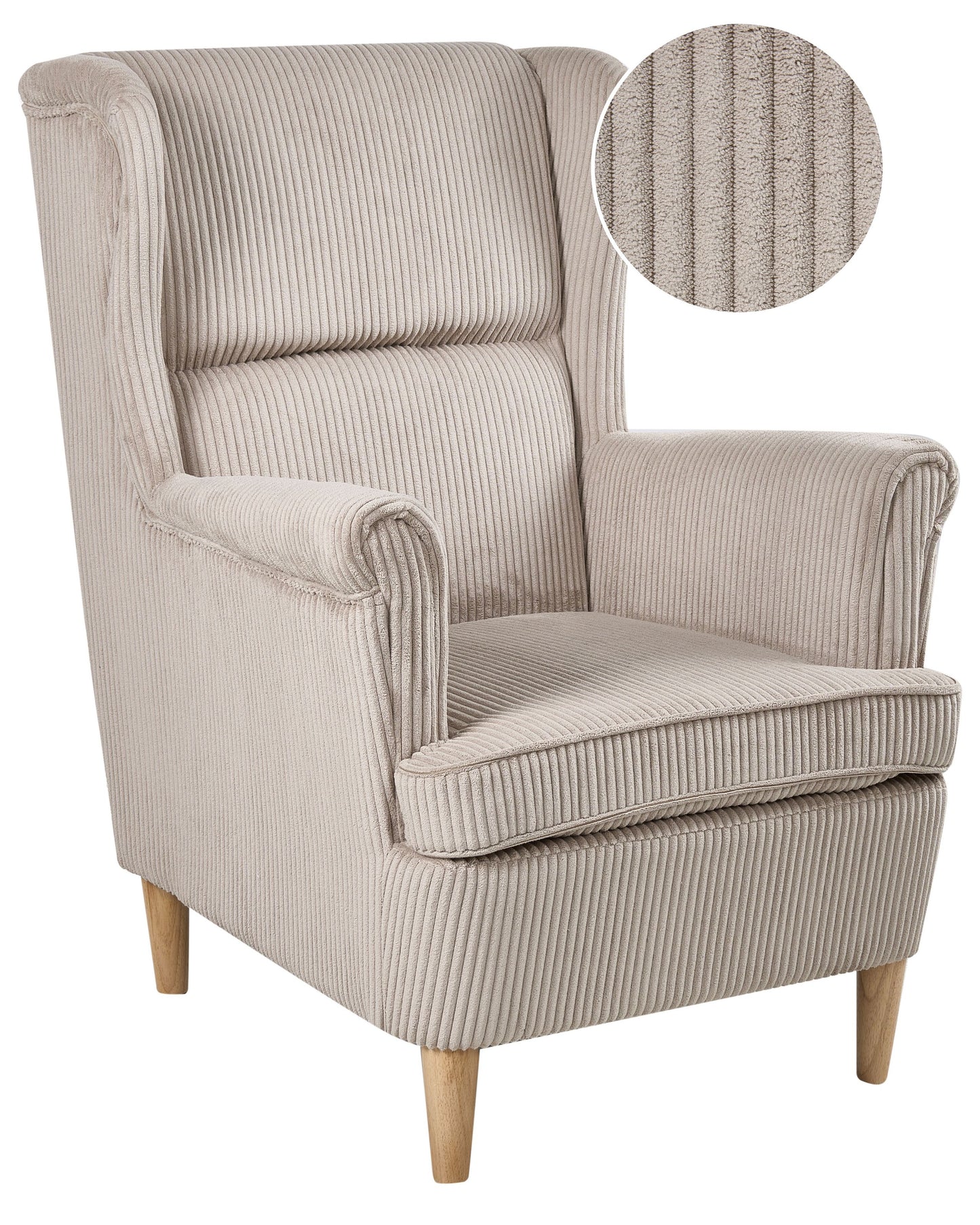 Wingback Chair Beige Corduroy High Back Wood Legs
