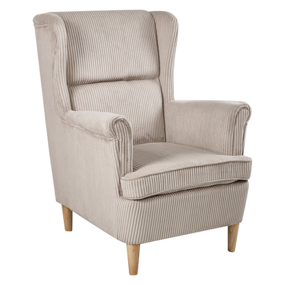 Wingback Chair Beige Corduroy High Back Wood Legs