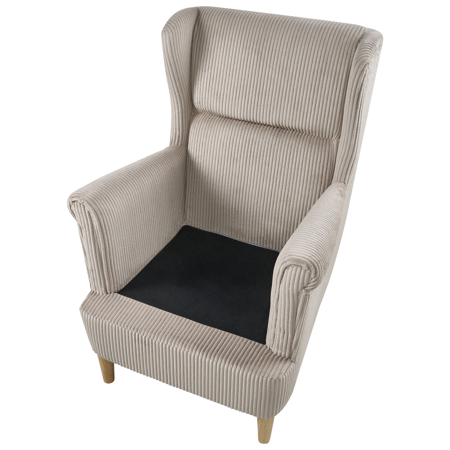Wingback Chair Beige Corduroy High Back Wood Legs
