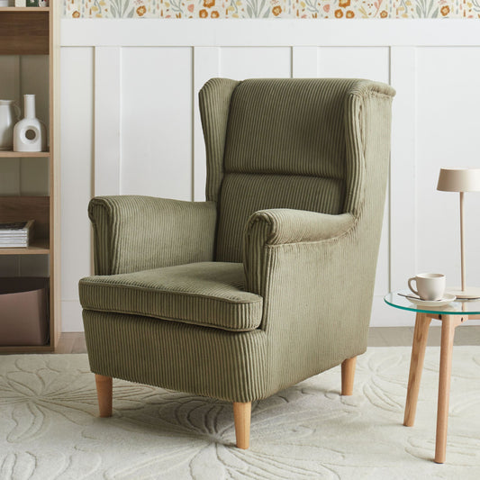 Heritage Lane Wingback Chair Corduroy Green High Back With Wood Legs